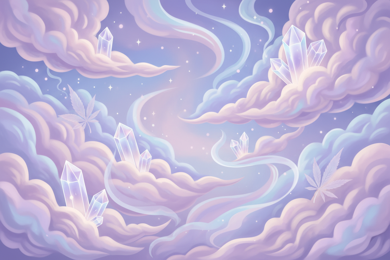 Ethereal luxury website banner background, pastel color palette (lavender, blush pink, soft iridescent blue), dreamy clouds and smoke, celestial feminine energy, INCLUDE crystal elements (clear quartz, amethyst-style crystals), INCLUDE subtle marijuana leaves and cannabis smoke, elegant and mystical but modern, lifestyle smoke brand aesthetic, high-end and calming, NOT realistic photography, illustration style, NO PEOPLE, NO TEXT, NO WORDS, NO LOGOS